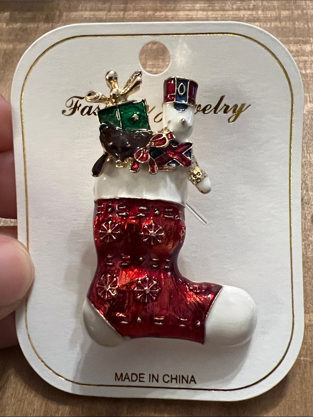 3/$18 Festive Red Christmas Stocking Brooch - Holiday Enamel Pin Lot 1030